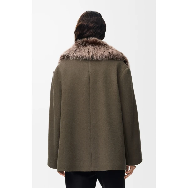 Double-Breasted Short Coat in Wool and Cashmere, Taupe Grey - Image 4