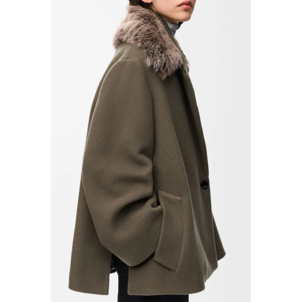 Double-Breasted Short Coat in Wool and Cashmere, Taupe Grey - Image 5