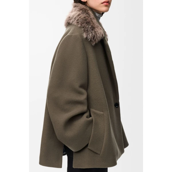 Double-Breasted Short Coat in Wool and Cashmere, Taupe Grey - Image 5