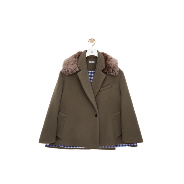 Loewe Double-Breasted Short Coat in Wool and Cashmere, Taupe Grey | Coats | Coveti