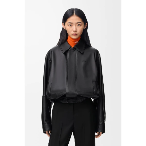 Drawstring Jacket in Nappa Lambskin, Black - Image 3