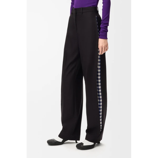 Gingham Pleat Trousers in Wool, Black - Image 3
