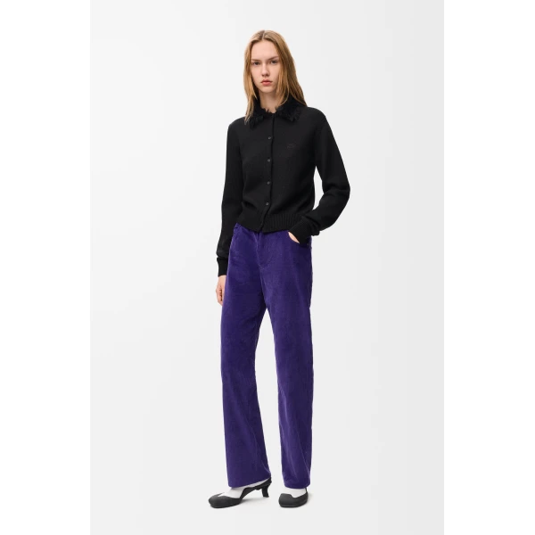 Hairy Collar Cardigan in Wool, Black - Image 2