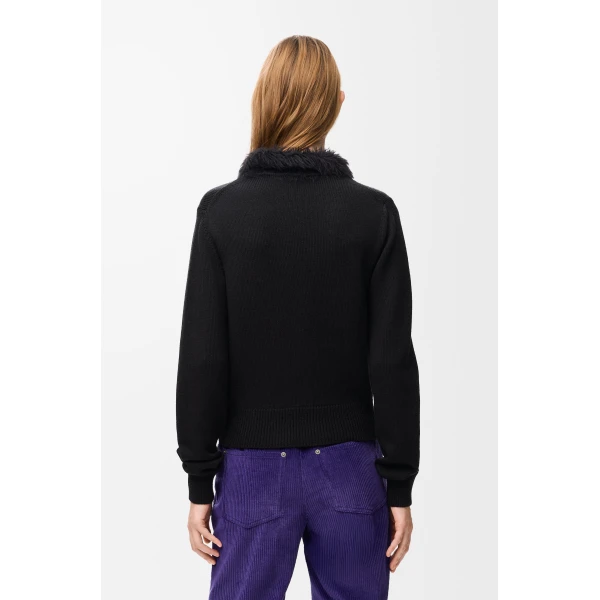 Hairy Collar Cardigan in Wool, Black - Image 4