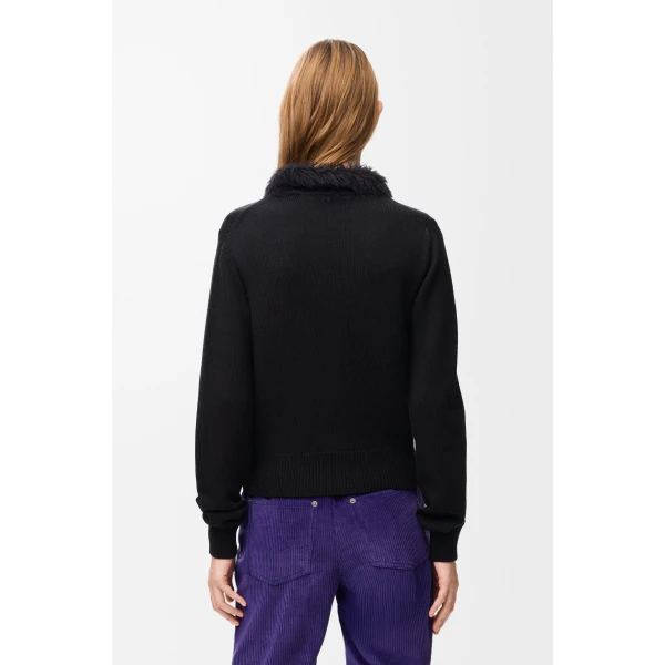 Hairy Collar Cardigan in Wool, Black - Image 4