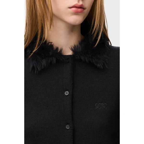 Hairy Collar Cardigan in Wool, Black - Image 5