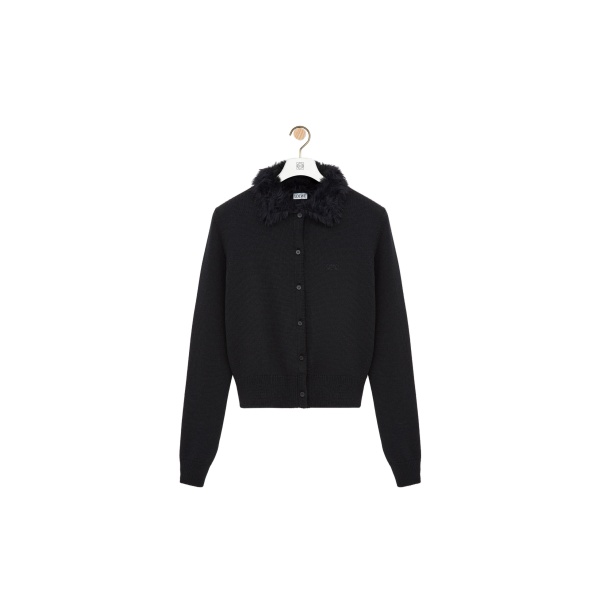 Loewe Hairy Collar Cardigan in Wool, Black | Knitwear | Coveti