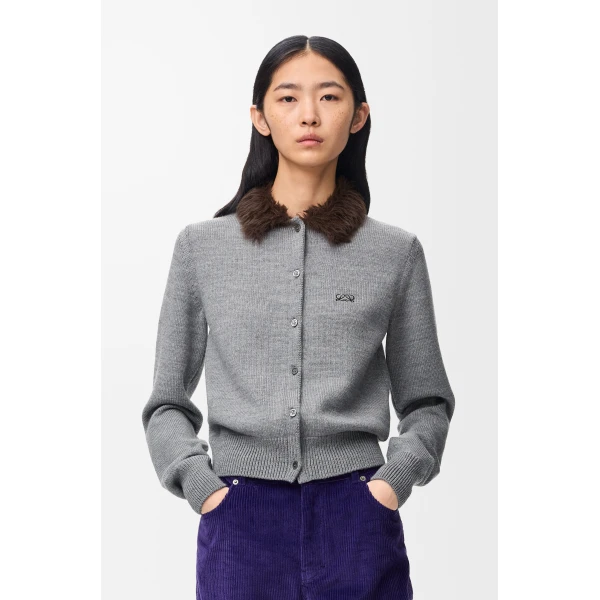 Hairy Collar Cardigan in Wool, Grey - Image 3