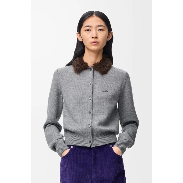 Hairy Collar Cardigan in Wool, Grey - Image 3