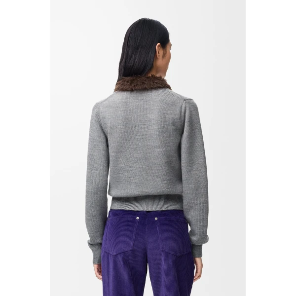 Hairy Collar Cardigan in Wool, Grey - Image 4