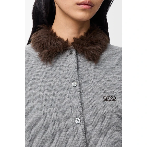 Hairy Collar Cardigan in Wool, Grey - Image 5