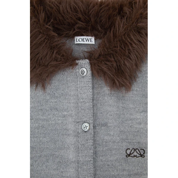 Hairy Collar Cardigan in Wool, Grey - Image 6