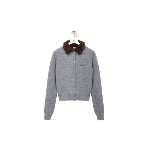 Loewe Hairy Collar Cardigan in Wool, Grey | Knitwear | Coveti