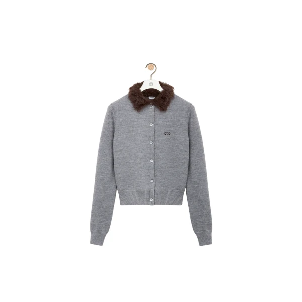 Loewe Hairy Collar Cardigan in Wool, Grey | Knitwear | Coveti