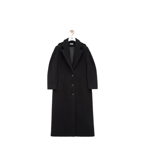 Loewe Hooded Coat in Cashmere, Black | Coats | Coveti