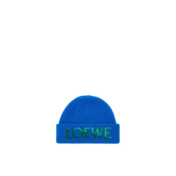 Loewe Logo Beanie in Wool, Blue and Green | Accessories | Coveti