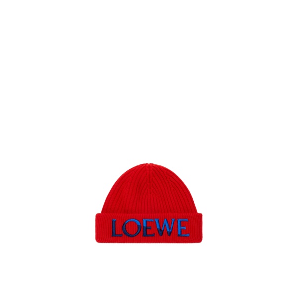 Loewe Logo Beanie in Wool, Red and Blue | Accessories | Coveti