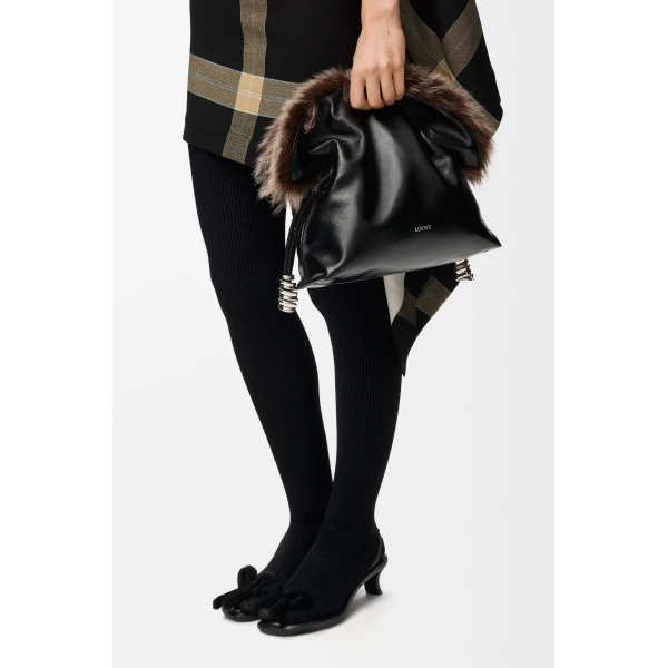 Medium Flamenco Clutch in Glossy Lambskin and Shearling, Black - Image 2