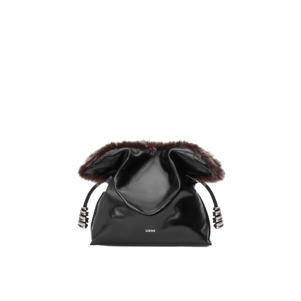 Loewe Medium Flamenco Clutch in Glossy Lambskin and Shearling, Black | Bags | Coveti