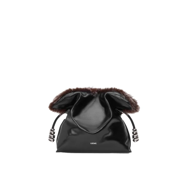 Medium Flamenco Clutch in Glossy Lambskin and Shearling, Black
