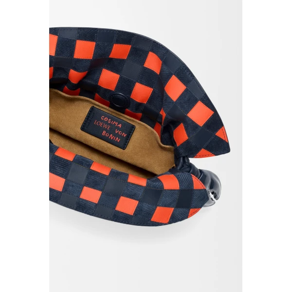 Mini Flamenco Clutch in Nappa Calfskin and Check Intarsio, Deep Navy and Multicolour - Image 5