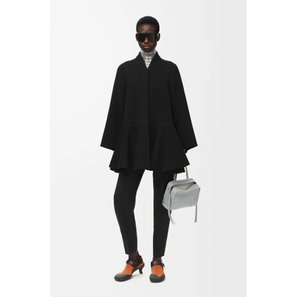 Peplum Short Coat in Wool and Cashmere, Black - Image 2