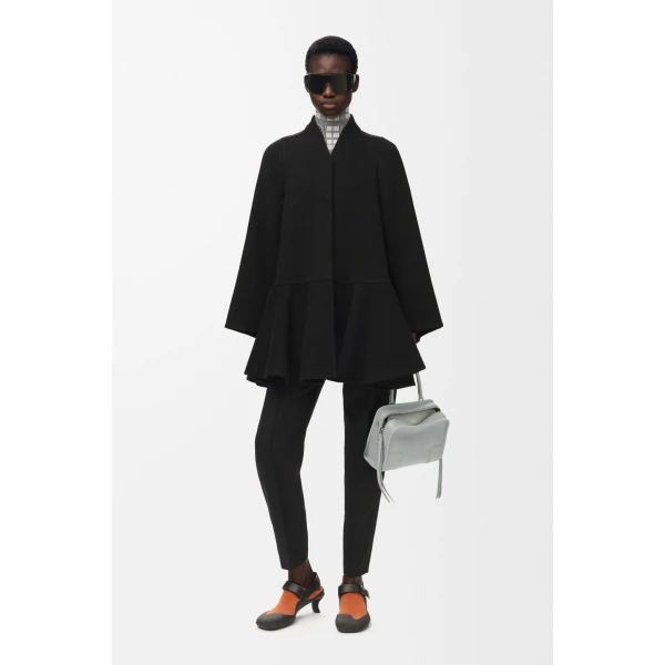 Peplum Short Coat in Wool and Cashmere, Black - Image 2