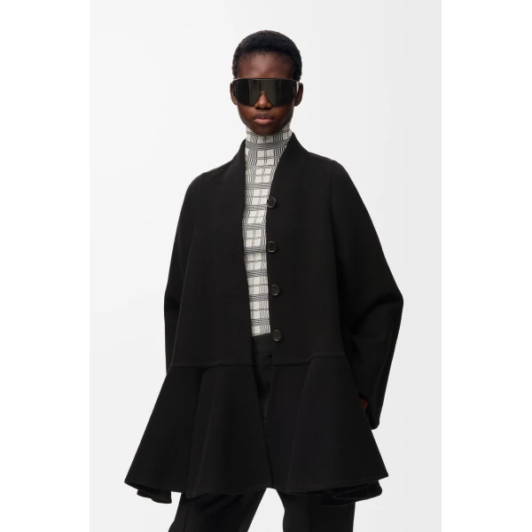 Peplum Short Coat in Wool and Cashmere, Black - Image 3