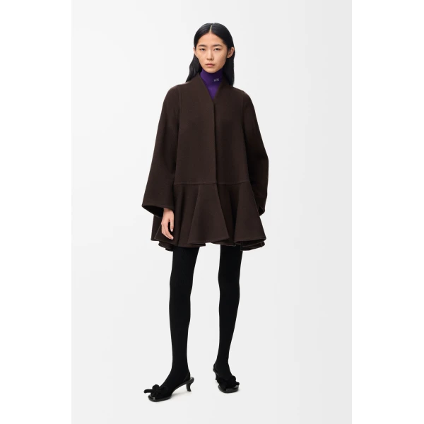 Peplum Short Coat in Wool and Cashmere, Brown - Image 2