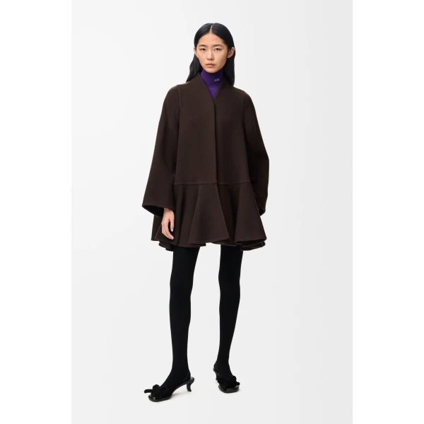 Peplum Short Coat in Wool and Cashmere, Brown - Image 2