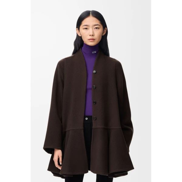 Peplum Short Coat in Wool and Cashmere, Brown - Image 3