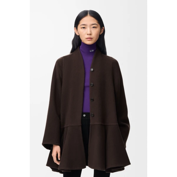 Peplum Short Coat in Wool and Cashmere, Brown - Image 3