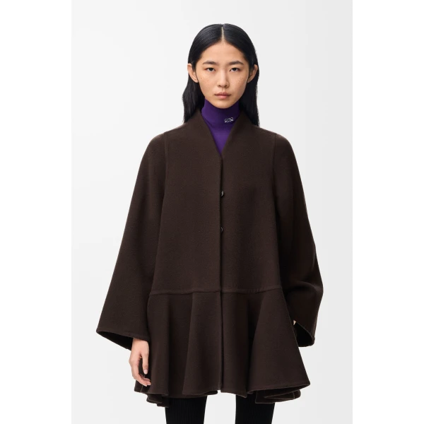 Peplum Short Coat in Wool and Cashmere, Brown - Image 4