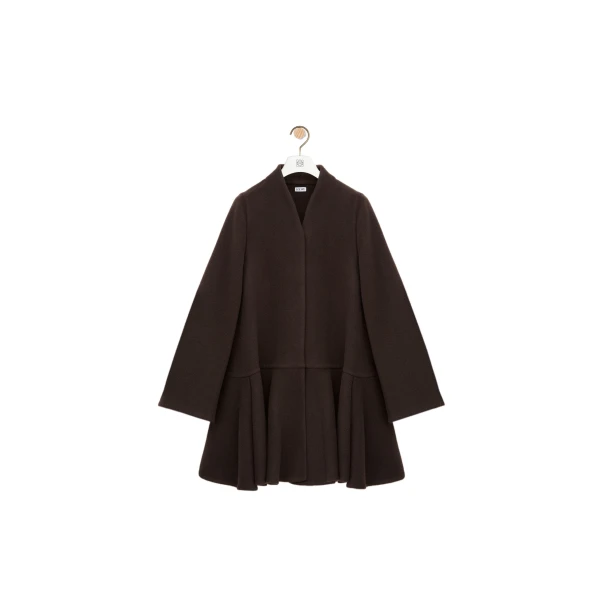 Peplum Short Coat in Wool and Cashmere, Brown