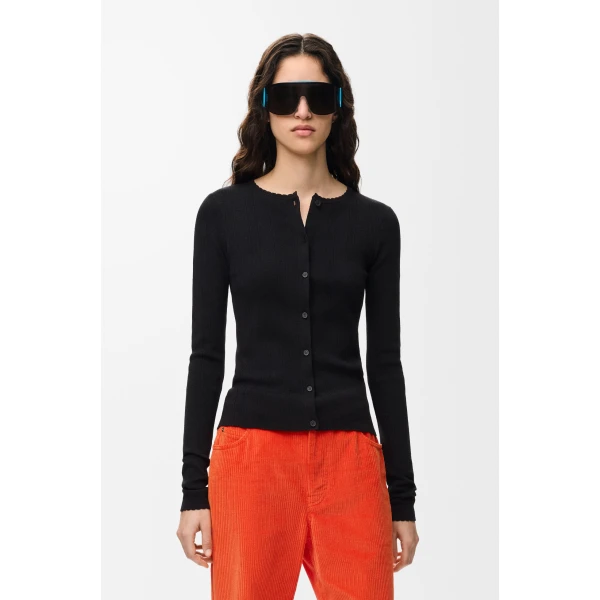 Pointelle Cardigan in Wool, Black - Image 3