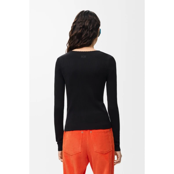 Pointelle Cardigan in Wool, Black - Image 4