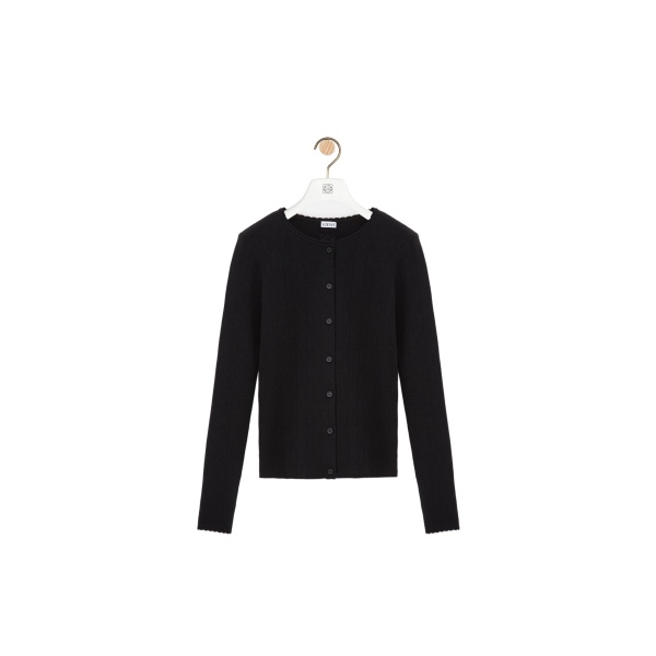 Loewe Pointelle Cardigan in Wool, Black | Knitwear | Coveti