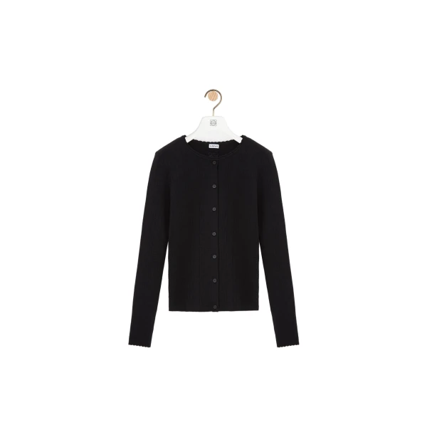 Pointelle Cardigan in Wool, Black
