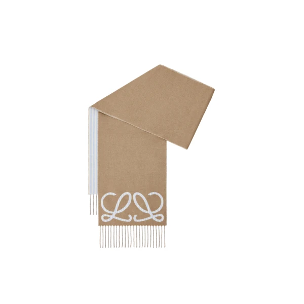 Loewe Scarf in Silk and Cashmere, Beige and Light Blue | Accessories | Coveti
