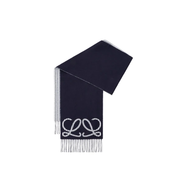 Loewe Scarf in Silk and Cashmere, Navy and White | Accessories | Coveti