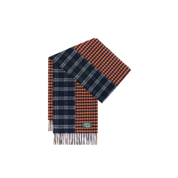 Scarf in Wool and Cashmere Blend, Navy Blue and Orange