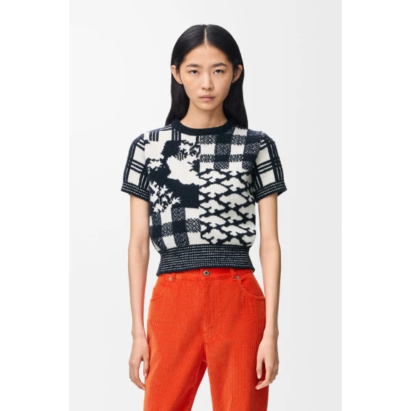 Short Sleeve Sweater in Wool, Navy and White - Image 3