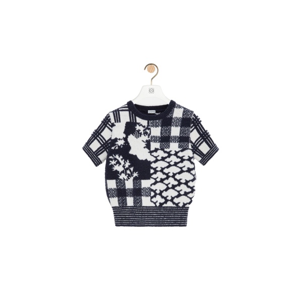 Loewe Short Sleeve Sweater in Wool, Navy and White | Knitwear | Coveti
