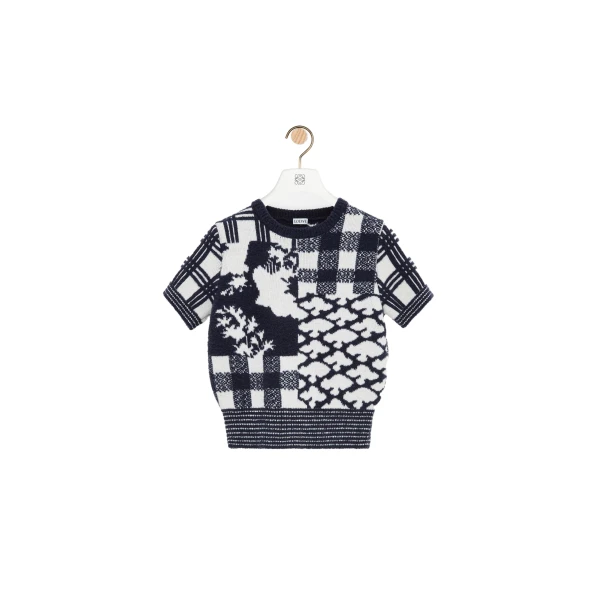 Short Sleeve Sweater in Wool, Navy and White