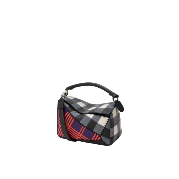 Loewe Small Puzzle Bag in Check Intarsio, Deep Purple and Multicolour | Bags | Coveti