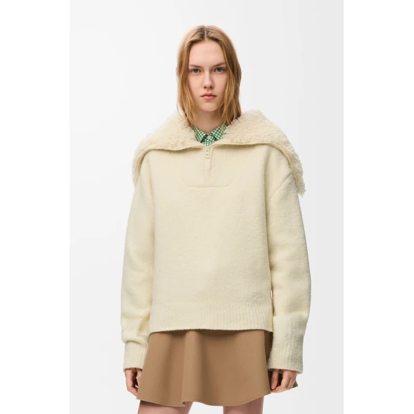 Zip-up Sweater in Wool Blend, Ecru - Image 3