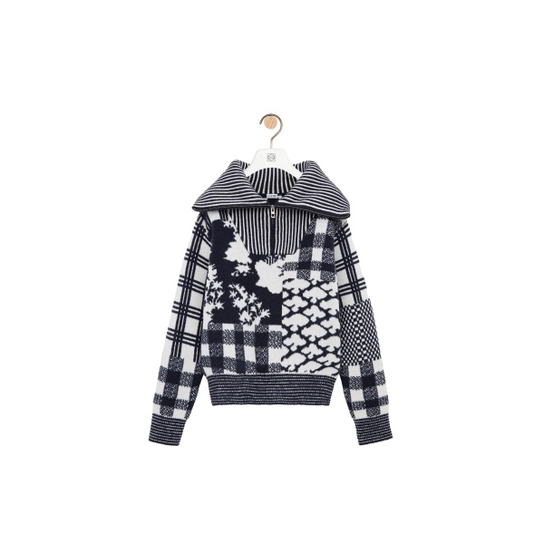 Loewe Zip-up Sweater in Wool, Navy and White | Knitwear | Coveti