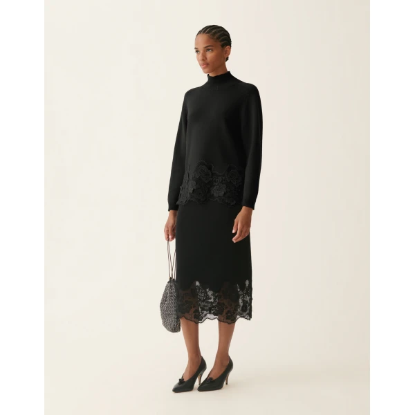 Fabiana Filippi Platinum Sweater with Lace Hem in Black