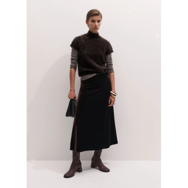 ME+EM AM-PM Midi Skirt in Dark Chocolate, view 2 | Midi Skirts | Coveti