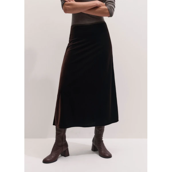 ME+EM AM-PM Midi Skirt in Dark Chocolate, view 3 | Midi Skirts | Coveti